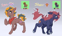 Size: 1840x1080 | Tagged: safe, artist:fizzlesoda2000, oc, oc only, oc:sleev, oc:spice, earth pony, pony, unicorn, broken horn, cutie mark, duo, horn, implied gay, male, redesign