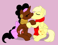 Size: 1220x949 | Tagged: safe, artist:pandalove93, pegasus, pony, unicorn, african, alfred j. kwak, bow, crossover, curly hair, curly mane, curly tail, ear piercing, earring, eyes closed, hair bow, hairband, jewelry, kissing, love, neck rings, piercing, pink bow, ribbon, romance, romantic, simple background, tail, tail bow, winnie wana
