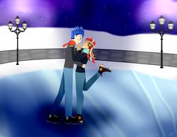 Size: 4500x3500 | Tagged: safe, artist:daringtiger, flash sentry, sunset shimmer, human, equestria girls, g4, blushing, clothes, cute, diasentres, earmuffs, female, ice skates, ice skating, lamppost, looking at each other, male, open mouth, scarf, shimmerbetes, ship:flashimmer, shipping, skates, skating, smiling, snow, straight, winter