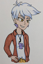 Size: 426x625 | Tagged: safe, artist:metalamethyst, gilda, human, g4, clothes, ear piercing, hand on hip, humanized, jacket, jewelry, leather jacket, necklace, piercing, ripped, ripped shirt, shirt, short hair, smiling, smirk, traditional art