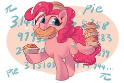 Size: 1800x1200 | Tagged: safe, artist:oofycolorful, pinkie pie, earth pony, pony, g4, abstract background, chest fluff, cute, digital art, extended trot pose, female, food, happy, mare, pi day, pie, pink, ponk, raised hoof, solo, teeth, text