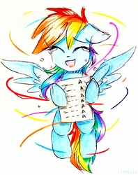 Size: 1337x1687 | Tagged: safe, artist:liaaqila, rainbow dash, pony, g4, a, congratulations in the comments, crying, cute, dashabetes, feels, female, grades, simple background, solo, straight a's, tears of joy, traditional art, triumph, white background, wings