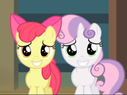 Size: 1247x931 | Tagged: safe, screencap, apple bloom, sweetie belle, earth pony, pony, unicorn, flight to the finish, g4, adorabloom, cropped, cute, diasweetes, female, filly, smiling, teeth