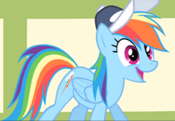 Size: 1369x940 | Tagged: safe, screencap, rainbow dash, pegasus, pony, flight to the finish, g4, coach rainbow dash, cropped, cute, dashabetes, excited, female, hat, mare, open mouth, smiling