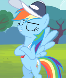 Size: 798x940 | Tagged: safe, screencap, rainbow dash, pegasus, pony, flight to the finish, g4, coach rainbow dash, cropped, crossed hooves, eyes closed, female, hat, mare, spread wings, whistle, wings