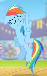Size: 588x941 | Tagged: safe, screencap, rainbow dash, sweetie belle, pegasus, pony, unicorn, flight to the finish, g4, cropped, eyes closed, female, filly, floppy ears, flying, hooves on hips, mare, offscreen character, solo focus, spread wings, wings