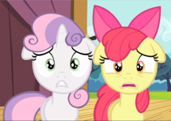 Size: 1329x940 | Tagged: safe, screencap, apple bloom, sweetie belle, earth pony, pony, unicorn, flight to the finish, g4, adorabloom, cannot unsee, cropped, cute, diasweetes, female, filly, floppy ears, open mouth, reaction image, worried