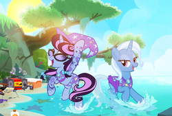 Size: 1100x743 | Tagged: safe, artist:pixelkitties, trixie, oc, oc:pixelkitties, pony, unicorn, g4, beach, beach chair, birthday, blaster, boombox, chair, clothes, duo, hat, headphones, mount aris, music notes, party, sunglasses, swimsuit, transformers, tree, trixie's hat, water