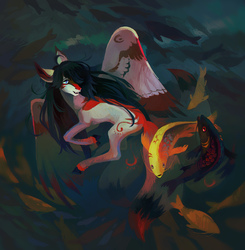 Size: 1944x1980 | Tagged: safe, artist:dearmary, oc, oc only, oc:hotaru, fish, pegasus, pony, black hair, body markings, colored wings, facial markings, female, looking back, mare, markings, solo, water