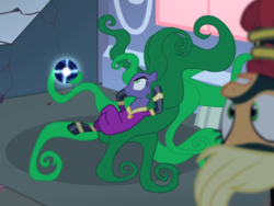 Size: 1064x801 | Tagged: safe, screencap, applejack, mane-iac, mistress marevelous, earth pony, pony, g4, power ponies (episode), cropped, electro orb, female, mare, power ponies, reclining, solo focus