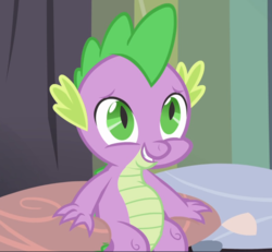 Size: 1015x939 | Tagged: safe, screencap, spike, dragon, g4, power ponies (episode), baby, baby dragon, cropped, cute, male, pillow, sitting, smiling, spikabetes