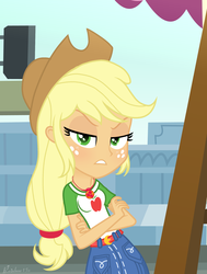 Size: 1955x2584 | Tagged: safe, artist:rainbow15s, applejack, equestria girls, g4, my little pony equestria girls: better together, annoyed, canterlot city, clothes, collar, cowboy hat, crossed arms, denim, denim skirt, female, freckles, geode of super strength, hair, hat, magical geodes, ponytail, shirt, skirt, solo, t-shirt, teenager