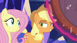 Size: 800x450 | Tagged: safe, screencap, applejack, fluttershy, earth pony, pegasus, pony, g4, sounds of silence, animated, duo, female, gif, mare, one eye closed, wink
