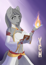Size: 2333x3333 | Tagged: safe, artist:mintjuice, anthro, advertisement, book, breasts, clothes, commission, dress, female, fire, happiness, high res, magic, magician, magician outfit, mare, pants, success, your character here