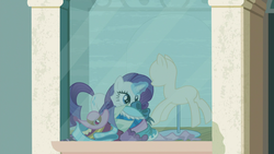 Size: 1920x1080 | Tagged: safe, screencap, rarity, pony, unicorn, g4, the saddle row review, female, glowing horn, horn, magic, manehattan, mannequin, mare, rarity for you, saddle row, solo, window