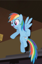 Size: 621x942 | Tagged: safe, screencap, rainbow dash, pegasus, pony, g4, rarity takes manehattan, cropped, female, flying, mare, open mouth, raised hoof, smiling, spread wings, underhoof, wings