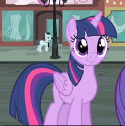 Size: 605x612 | Tagged: safe, screencap, bruce mane, twilight sparkle, alicorn, pony, g4, rarity takes manehattan, cropped, cute, female, offscreen character, smiling, solo focus, twiabetes, twilight sparkle (alicorn)
