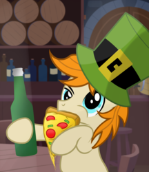 Size: 2500x2900 | Tagged: safe, artist:pizzamovies, oc, oc only, oc:pizzamovies, pony, barrel, bottle, bust, cheese, drunk, food, high res, leprechaun hat, male, meat, pepperoni, pepperoni pizza, pizza, pizzabeard, raised hoof, smiling, solo, stallion