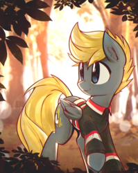 Size: 3000x3778 | Tagged: safe, artist:mirroredsea, oc, oc only, oc:winter tundra, pegasus, pony, clothes, eye clipping through hair, forest, gift art, high res, male, scenery, shirt, smiling, solo, stallion, tree