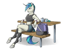 Size: 2000x1623 | Tagged: safe, artist:akweer, dj pon-3, vinyl scratch, anthro, unguligrade anthro, g4, clothes, female, headphones, simple background, sitting, smiling, solo, white background