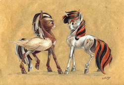 Size: 1024x703 | Tagged: safe, artist:skyaircobra, oc, oc:blackjack, oc:scrappy rug, pegasus, pony, unicorn, fallout equestria, fallout equestria: project horizons, simple background, traditional art