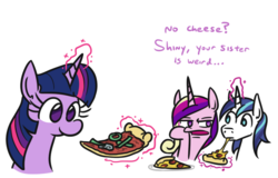 Size: 644x412 | Tagged: safe, artist:jargon scott, princess cadance, shining armor, twilight sparkle, alicorn, pony, unicorn, g4, bust, cheese, dialogue, female, food, glowing horn, horn, magic, male, mare, meat, peetzer, pepperoni, pepperoni pizza, pizza, ponies eating meat, simple background, sisters-in-law, stallion, telekinesis, they're just so cheesy, trio, turophobia, vegan, vegetables, vegetarian, white background