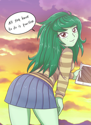 Size: 2479x3424 | Tagged: safe, artist:sumin6301, wallflower blush, equestria girls, equestria girls specials, g4, my little pony equestria girls: better together, my little pony equestria girls: forgotten friendship, adorasexy, ass, butt, clothes, cute, dialogue, female, flowerbetes, freckles, high res, looking at you, looking back, looking back at you, miniskirt, pleated skirt, sexy, skirt, smiling, solo, speech bubble, stylus, sweater, tablet, thighs, wallflower butt