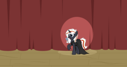 Size: 4096x2160 | Tagged: safe, artist:mazli, oc, oc only, oc:velvet remedy, pony, unicorn, fallout equestria, black dress, clothes, dress, fanfic, fanfic art, female, hooves, horn, mare, microphone, open mouth, raised hoof, singing, solo, stage, vector