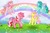 Size: 600x398 | Tagged: safe, artist:dreamvalleymlp, galaxy (g1), honeysuckle, peach blossom, rosedust, flutter pony, twinkle eyed pony, g1, bow, deviantart watermark, female, flying, obtrusive watermark, rainbow, tail bow, watermark