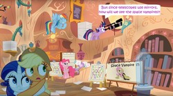 Size: 1920x1079 | Tagged: safe, edit, edited screencap, editor:leonidus, screencap, applejack, fluttershy, pinkie pie, rainbow dash, rarity, spike, twilight sparkle, pegasus, pony, unicorn, g4, it's about time, applejack's hat, book, bookshelf, chart, clothes, costume, cowboy hat, cute, dialogue, female, floppy ears, flutterbat costume, funny, giggling, golden oaks library, hat, hug, library, mane six, mare, paper, prank, scared, shyabetes, speech bubble, stairs, telescope, text, twilight's lab, twilighting, unicorn twilight