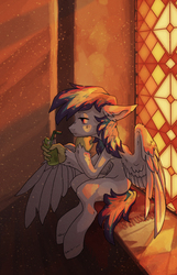 Size: 1454x2261 | Tagged: safe, artist:koviry, oc, oc only, hippogriff, drink, solo, stained glass