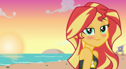 Size: 2165x1191 | Tagged: safe, artist:kingdark0001, sunset shimmer, equestria girls, equestria girls series, g4, bare shoulders, beach, beautiful, bedroom eyes, blushing, clothes, female, lidded eyes, looking at you, ocean, pun, sand, sleeveless, solo, sunset, sunshine shimmer, swimsuit, this will end in kisses, visual pun