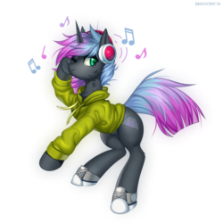 Size: 1200x1200 | Tagged: safe, artist:margony, oc, oc only, oc:soundboard, pony, unicorn, clothes, commission, converse, female, headphones, hoodie, mare, music notes, shoes, simple background, smiling, solo, underhoof, white background