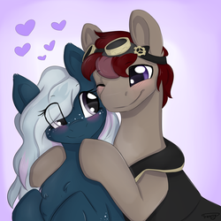 Size: 2000x2000 | Tagged: safe, artist:lionbun, oc, oc:junkers, oc:midnight spark, earth pony, pony, blushing, couple, freckles, goggles, high res, hug
