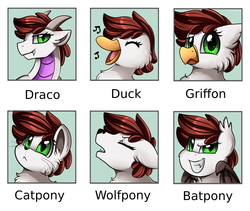 Size: 2349x1978 | Tagged: safe, artist:pridark, oc, oc only, oc:graph travel, bat pony, cat, cat pony, dracony, dragon, duck pony, griffon, hybrid, original species, wolf, wolf pony, bat ponified, bat wings, confused, dragonified, duckified, ear fluff, fangs, graph believe being bird, griffon oc, griffonized, happy, howling, looking at you, music notes, open mouth, race swap, singing, smiling, smirk, solo, species swap, transformation, wings, wolfied