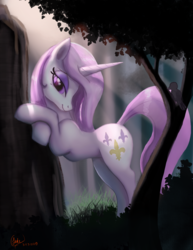 Size: 2550x3300 | Tagged: safe, artist:greenbrothersart, fleur-de-lis, bird, pony, unicorn, g4, backbend, beautiful, bedroom eyes, female, forest, high res, mare, profile, smiling, solo, tree
