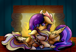 Size: 1800x1224 | Tagged: safe, artist:xxmelody-scribblexx, oc, oc only, oc:melody scribble, oc:sharlyn, pegasus, pony, female, fireplace, hat, mare, prone