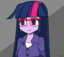Size: 1000x900 | Tagged: safe, artist:genericmlp, twilight sparkle, equestria girls, g4, clothes, female, glasses, simple background, smiling, solo