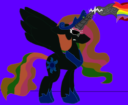 Size: 1280x1049 | Tagged: safe, artist:dazzlingmimi, princess celestia, alicorn, pony, tumblr:the sun has inverted, g4, angry, beam struggle, blast, blue background, blue sun, civil war, color change, corrupted, corrupted celestia, darkened coat, divided equestria, female, fight, glowing horn, green eye, gritted teeth, horn, indigo background, insanity, inversion attempt, inversion spell, invert princess celestia, inverted, inverted colors, inverted princess celestia, magic, magic aura, magic beam, magic blast, multicolored magic, possessed, purple background, rage, rainbow, rainbow hair, rainbow magic aura, rainbow magic blast, rainbow magic power, rainbow power, reversal attempt, reversion attempt, shrunken pupils, sidemouth, simple background, solo, tumblr, violet background, wall of tags, wide eyes