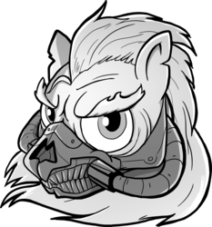 Size: 2597x2790 | Tagged: safe, artist:fimflamfilosophy, oc, oc only, pony, buck legacy, angry, black and white, card art, grayscale, high res, immortan joe, looking at you, mad max, mad max fury road, male, mask, monochrome, parody, simple background, solo, transparent background