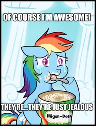 Size: 500x656 | Tagged: safe, artist:madmax, edit, rainbow dash, pegasus, pony, g4, caption, comfort eating, cropped, crying, denial, eating, female, food, hoof hold, häagen-dazs, ice cream, image macro, mare, meme, messy eating, pun, solo, text, this will end in weight gain