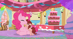 Size: 1024x556 | Tagged: safe, artist:otakuchicky1, artist:sapphiretwinkle, edit, pinkie pie, oc, oc:cotton candy, pony, g4, base used, cake, female, food, mother and daughter, next generation, offspring, parent:cheese sandwich, parent:pinkie pie, parents:cheesepie