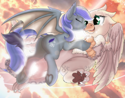 Size: 1300x1021 | Tagged: safe, artist:manifest harmony, oc, oc only, bat pony, griffon, pony, bat pony oc, beak, crying, cute, digital art, eyes closed, female, flying, frog (hoof), griffon oc, happy, heart eyes, heart nostrils, holding hooves, hug, leonine tail, lesbian, licking, mare, membranous wings, mlem, paw pads, shipping, silly, sky, smiling, spread wings, tail wrap, tears of joy, teary eyes, toe beans, tongue out, underhoof, wingding eyes, wings