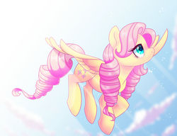 Size: 1280x985 | Tagged: safe, artist:guzzlord, fluttershy, pegasus, pony, g4, alternate hairstyle, beautiful, female, flying, looking away, looking up, mare, ringlets, sky, solo, spread wings, wings