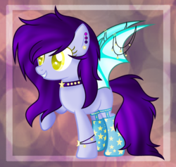 Size: 1900x1800 | Tagged: safe, artist:bloodlover2222, artist:space--paws0w0, oc, oc only, oc:fake smiler, oc:partita keys, bat pony, pony, abstract background, bat pony oc, bracelet, choker, clothes, colored pupils, ear piercing, earring, female, garter belt, garters, grin, jewelry, mare, piercing, raised hoof, smiling, socks, solo, spiked choker, squee, stars, stockings, thigh highs, wing jewelry, wing piercing