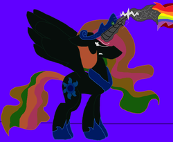 Size: 1280x1049 | Tagged: safe, artist:dazzlingmimi, princess celestia, alicorn, pony, tumblr:the sun has inverted, g4, angry, beam struggle, blast, blue background, blue sun, civil war, color change, corrupted, corrupted celestia, darkened coat, divided equestria, eyes closed, female, fight, glowing horn, gritted teeth, horn, indigo background, insanity, inversion attempt, inversion spell, invert princess celestia, inverted, inverted colors, inverted princess celestia, magic, magic aura, magic beam, magic blast, multicolored magic, possessed, purple background, rage, rainbow, rainbow hair, rainbow magic aura, rainbow magic blast, rainbow magic power, rainbow power, reversal attempt, reversion attempt, sidemouth, simple background, solo, tumblr
