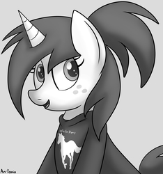 Size: 2612x2795 | Tagged: safe, artist:an-tonio, oc, oc only, oc:silver draw, pony, unicorn, clothes, deftones, freckles, grayscale, high res, hoodie, monochrome