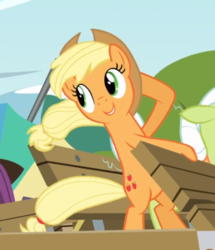 Size: 581x675 | Tagged: safe, screencap, applejack, granny smith, earth pony, pony, g4, pinkie apple pie, bipedal, cropped, cute, elderly, female, jackabetes, mare, offscreen character, smiling, solo focus, windswept mane, windswept tail