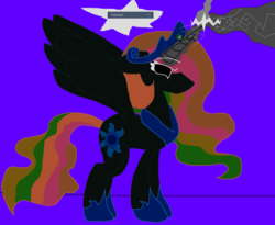 Size: 1280x1049 | Tagged: safe, artist:dazzlingmimi, princess celestia, alicorn, pony, tumblr:the sun has inverted, g4, angry, beam struggle, blast, blue background, blue sun, civil war, color change, corrupted, corrupted celestia, darkened coat, divided equestria, female, fight, follower count, followers, glowing eyes, glowing horn, horn, indigo background, insanity, inversion attempt, inversion spell, invert princess celestia, inverted, inverted colors, inverted princess celestia, magic, magic aura, magic beam, magic blast, possessed, purple background, rage, rainbow hair, sidemouth, simple background, solo, tumblr