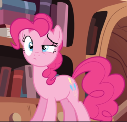 Size: 849x820 | Tagged: safe, screencap, pinkie pie, earth pony, pony, g4, pinkie apple pie, :<, confused, cropped, cute, diapinkes, female, frown, golden oaks library, lidded eyes, mare, raised eyebrow, solo